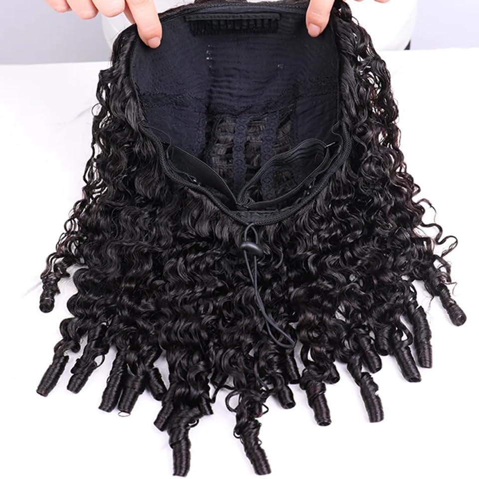 Half Wig Human Hair for Women 14 Inch Burmese Curly Glueless Clip-In Wigs 250% Density 3 IN 1 Half Wigs Flip Over Beginner Friendly Go Drawstring Wig No Glue No Sew Natural Color & Easy Install