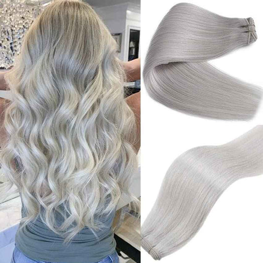 24Inch Silver Grey Human Hair Bundles 120Gram 100% Brazilian Silky Straight Sew in Extensions Double Weft Grey Human Hair Bundles for Women Hand Tied Weft Hair Extensions Silver Sew in Hair Bundles