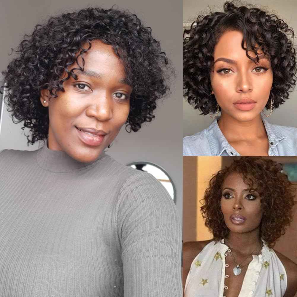 POSHANCE Kinky Curly 10 Inch Human Hair Wigs for Black Women - Wear and Go Glueless Short Wig with Natural Color - 100% Human Hair