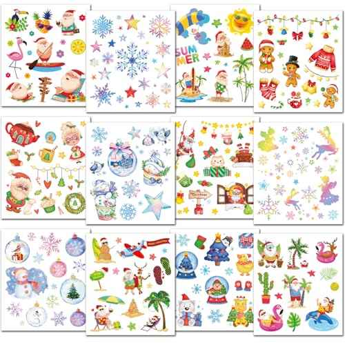 Glitter Christmas Tattoos for Kids Party Supplies - 12 Sheets Christmas Tattoos for Kids Christmas Xmas Party Favors, Stocking Stuffer, Christmas Eve Gift