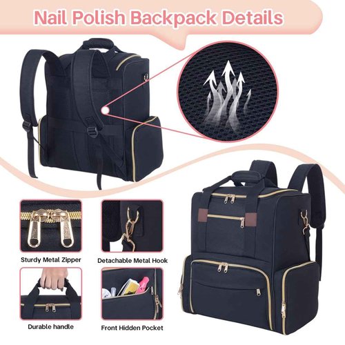 UOZL Nail Polish Organizer Backpack Holds 80 Bottles and a Nail Lamp Supplies with 2 Removable Cases Storage Bag Professional Travel Case for Manicurist (Black)