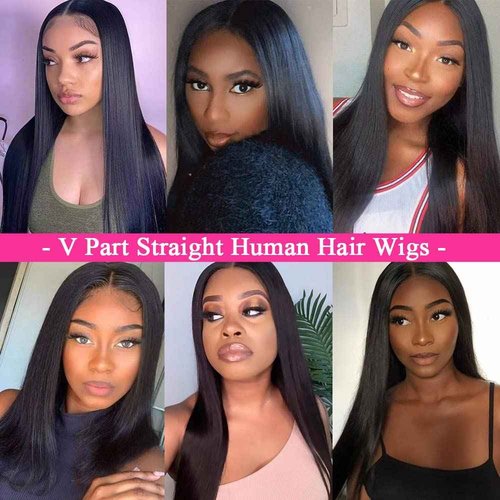 Amznlady V Part Wigs Straight Brazilian Virgin Human Hair Wigs for Black Women Upgrade U Part Wigs Glueless Full Head Clip In Half Wig V Shape Wig No Leave Out 180% Density Natural Color 18"