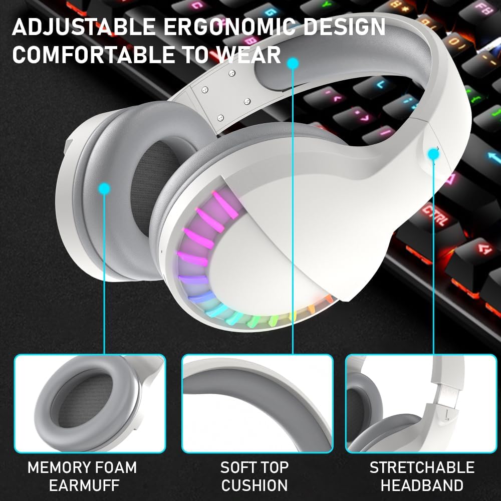 ZIYOU LANG L80 Wireless Gaming Headset Ultralight Over Ear with 2.4Ghz USB C&A Dongle/Bluetooth 5.3/3.5mm Wired Detachable Mic Stereo Sound 600mAh Battery for PC Mac PS4 PS5 Switch Win Gamer(White)