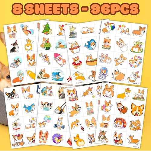 96PCS Corgi Temporary Tattoos for Kids ? Pre-Cut Dog Stickers for Birthday Party Favors, Classroom Prizes, Baby Shower, Stocking Stuffers ? Cute Puppy-Themed Gifts for Boys & Girls