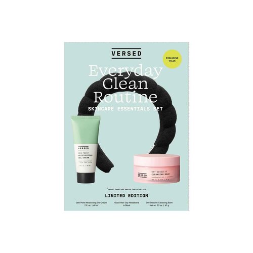 Versed Everyday Clean Routine Travel Essentials 3-Piece Skincare Set - Dew Point Gel Cream (2 fl oz), Good Hair Day Black Headband & Day Dissolve Cleansing Balm (2.3 oz) - Non-Toxic + Vegan