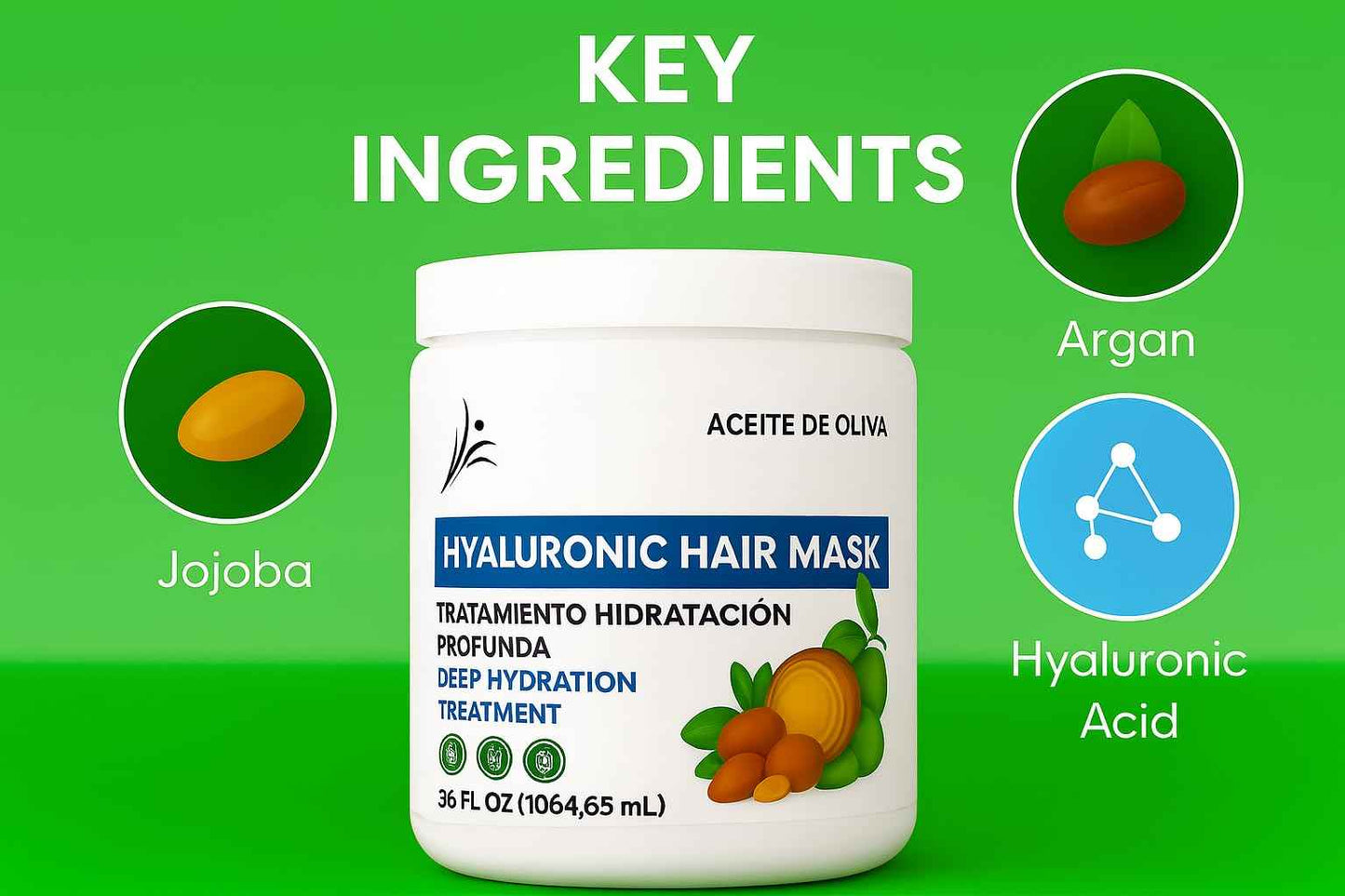 Kleravitex Hyaluronic Hair Mask Formulated With a Rich Blend of Olive Oil and Jojoba Oil to Provide Intense and Lasting Hydration for Dry or Damaged Hair, Restore Vitality and Shine (60 OZ)