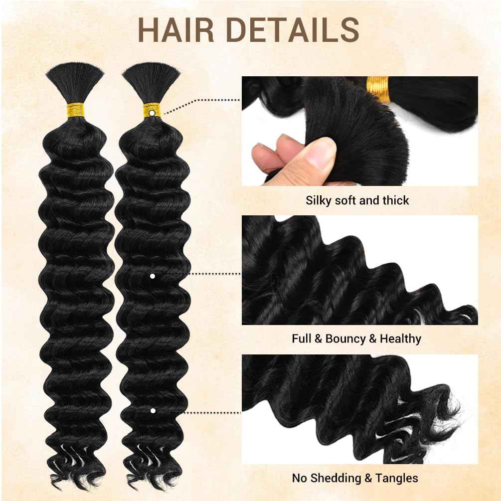 Human Braiding Hair for Boho Knotless Braids 2 Bundle 24 Inches 120g Deep Wave 10A Brazilian Virgin Human Bohemian Hair for Braiding Natural Black 1B