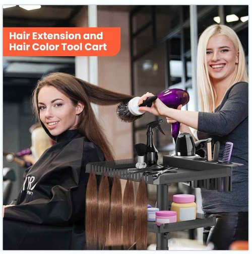 TASALON Professional Hair Extensions Organizer Cart Metal Salon Tray Cart with 2 Magnetic Bowls, Hair Dryer Holder,Adjustable Rolling Base, Black