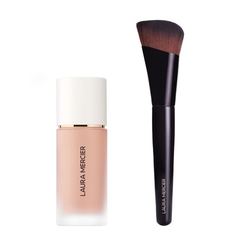 Laura Mercier Real Flawless Weightless Perfecting Waterproof Liquid Foundation: Medium-Buildable Coverage, 12 HR Fade-Proof Wear, Hydrating, Non-Comedogenic, 2C2 Soft Sand + Foundation Brush Bundle