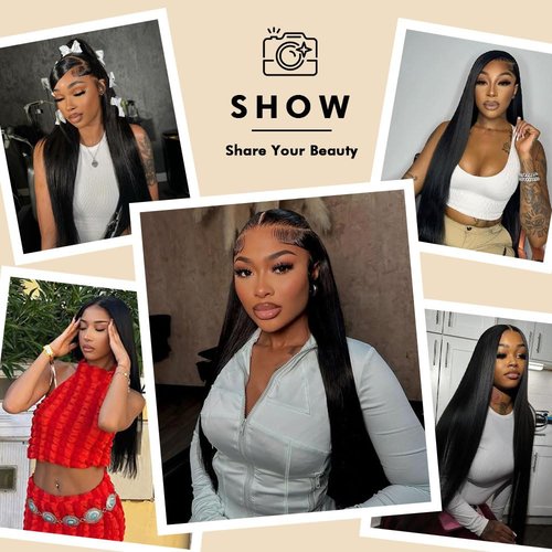 Beauty Queen 13x4 Lace Front Wigs Human Hair Straight 16 Inch Human Hair Wig Pre Plucked 220 Density HD Lace Frontal 16A Real Remy Human Short Hair Glueless Wigs for Women Natural Black Color