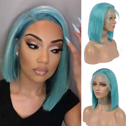 Guanyuhair Pre-plucked Short Bob Human Hair Lace Front Wigs Glueless Silky Straight 150% Full Density #Light Blue Free Part Bob Wigs For Black Women 14inch