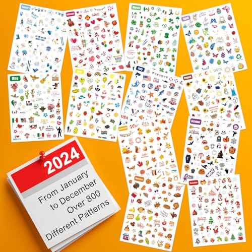 12 Months All Holiday Nail Stickers, 24 Sheets Seasonal Variety Pack 2 Pcs Per Month DIY Nail Art, Self-Adhesive Pegatinas U?as for a Year of Halloween Christmas Thanksgiving&Valentine¡¯s Day