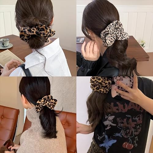 2 PCS Leopard Print Hair Scrunchies Satin Hair Bobbles Cheetah Print Scrunchy Hair Ties Elastic for Women Girls Silk Ponytail Holders Soft Hair Bobble Tie for Long Thick Hair Accessories