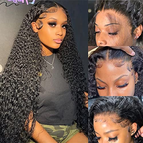 Deep Wave Lace Front Wigs Human Hair Pre Plucked 13x4 Lace Frontal Wigs For Women With Baby Hair 180% Density Wet and Wavy Transparent Brazilian Human Hair Wig Pre plucked Hair Natural Color 24Inch