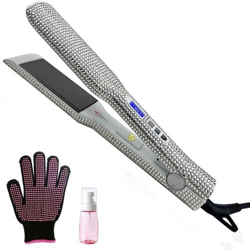 Hair Straightener Ceramic Flat Iron with Gorgeous Rhinestone Bling Crystal Diamond, 2 in 1 Hair Straightener and Curler, 60 Min Auto Shut Off, LCD Temp Display,1.6in Widen Ceramic Plates (White)