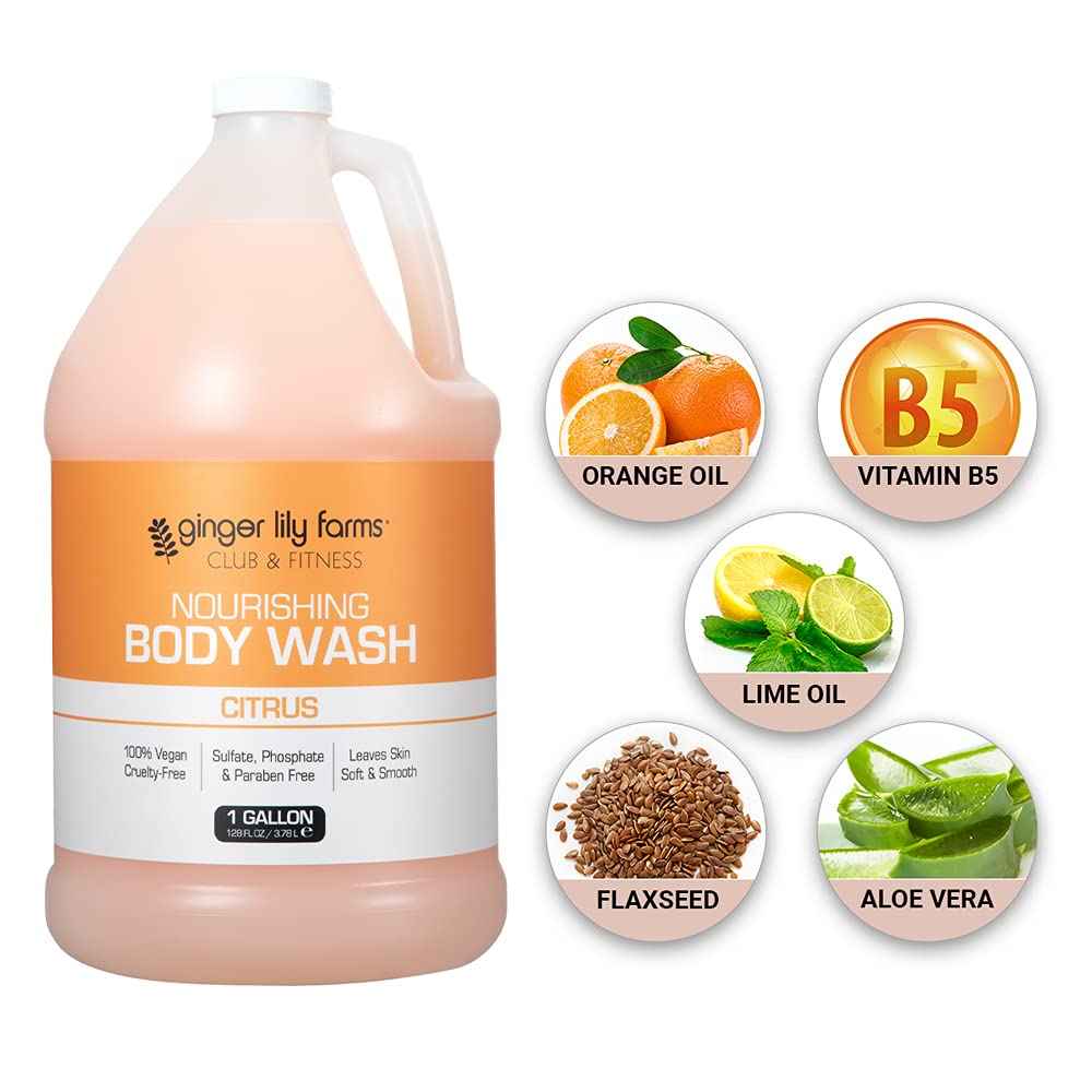 Ginger Lily Farms Club & Fitness Nourishing Body Wash, 100% Vegan & Cruelty-Free, Citrus Scent, 1 Gallon Refill (Pack of 4)