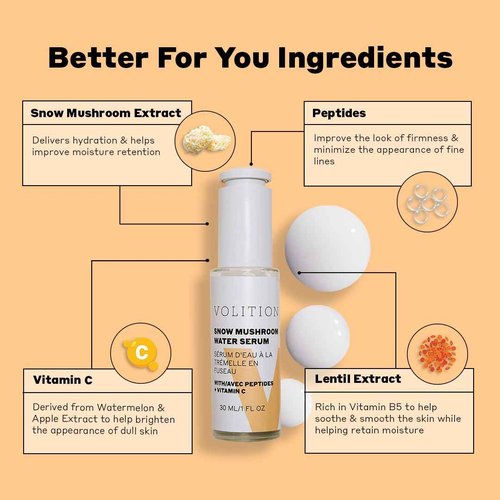 Volition Beauty Snow Mushroom Water Serum with Peptides + Vitamin C | Floods Skin with Moisture & Hydration | Visibly Minimizes Lines, Wrinkles & Pores | Soothes Redness & Improves Skin Texture