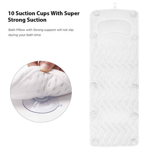 Bathtub Bath Pillows for Tub - Full Body Bath Tub Pillow Headrest with Ergonomic TPE, Bathtub Pillow Full Body for Neck & Back Support, Upgraded Bath Pillow with Strong Suction Cups & Hook, White