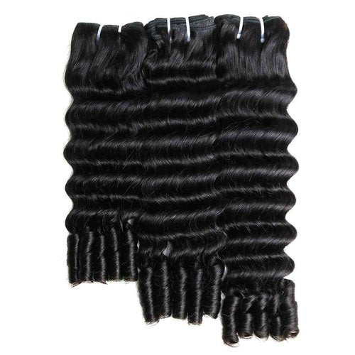 SWEETGIRL Deep Wave Human Hair Bundles Burmese Curly Bundles Human Hair Quick Weave with Spiral End Sew in Hair Extensions, Real Virgin Remy Hair, 16 18 20 Inches, Natural Color