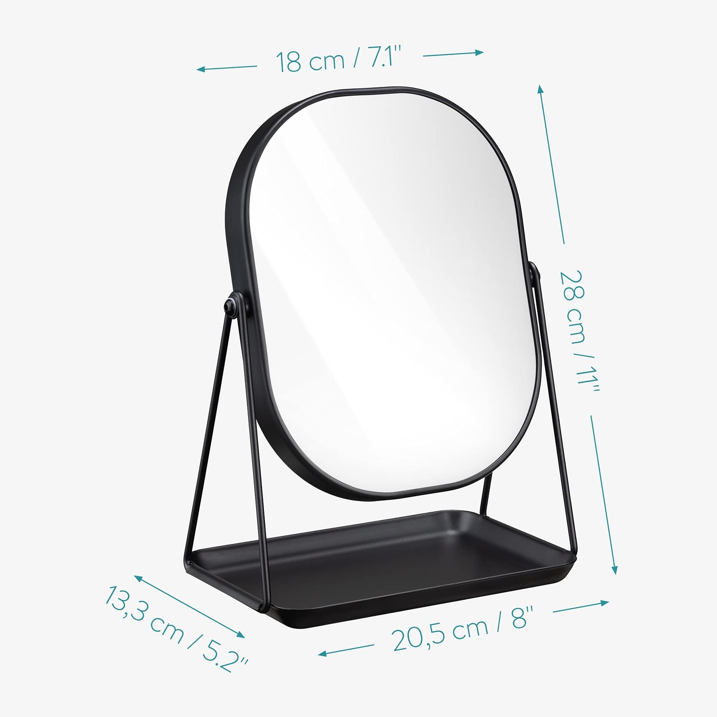 Navaris Vanity Mirror with Tray - Table Top Mirror with Metal Stand and Storage - 7" x 9" Mirror Size - For Makeup, Tabletop, Desk - Black Finish
