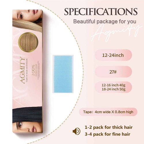 AGMITY Tape in Hair Extensions Human Hair 16 inches #27 Honey Blonde 20pcs 40g/pack Straight Seamless Hair Extensions Tape in Human Hair(16 inches #27 Honey Blonde)