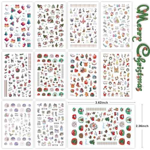 Leesgel Christmas Nail Stickers for Kids Women 450pcs, Christmas Nail Decals Charms, Christmas Stocking Stuffers for Kids Women Designs with Santa, Snowman, Elk, Glove, Sock, Bell