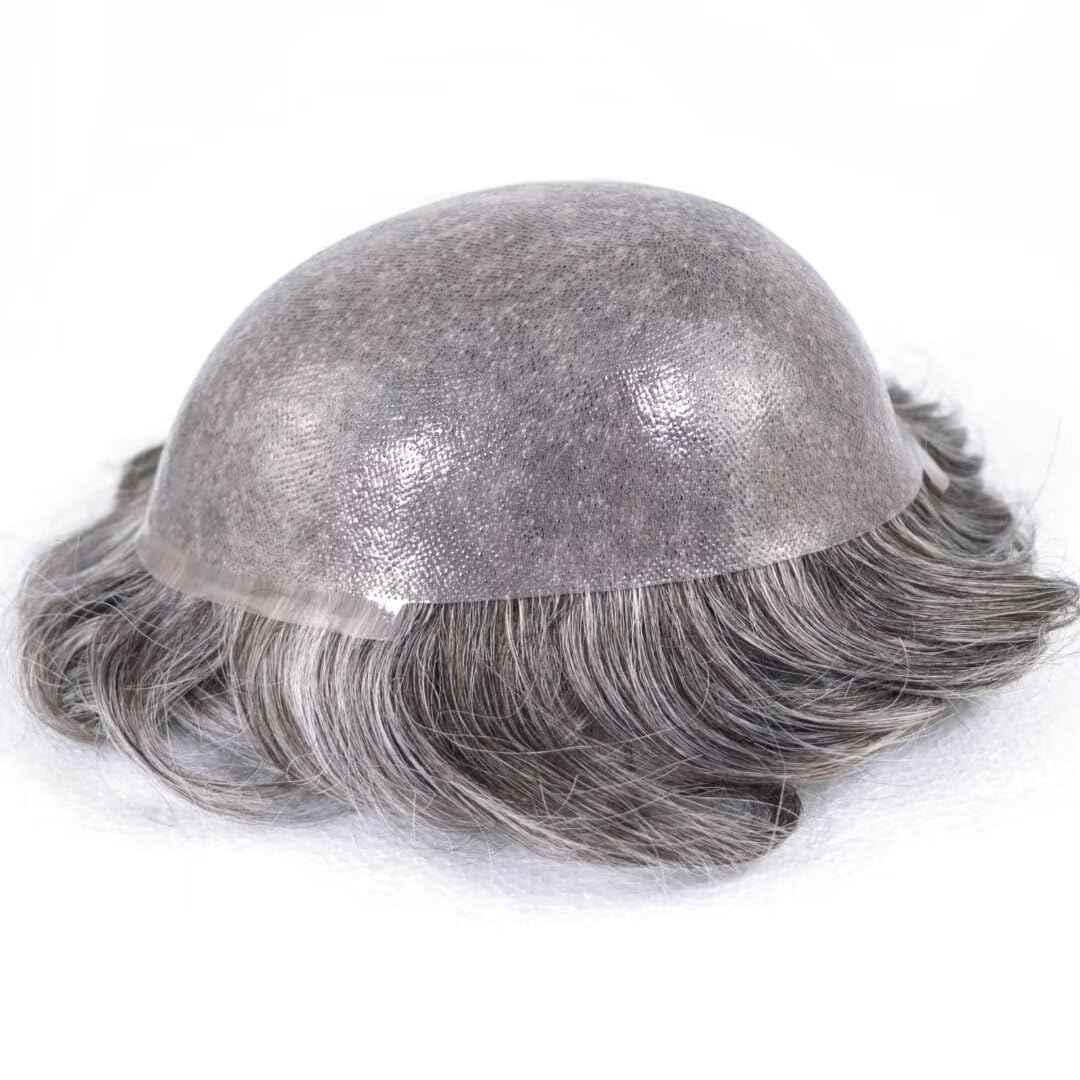 Grey Thin Skin Toupee for Men Hair System 8x10 Inch PU Poly Mens Toupee Human Hair Piece Replacement Hairpiece 450# Medium Brown with 50% Synthetic Gray