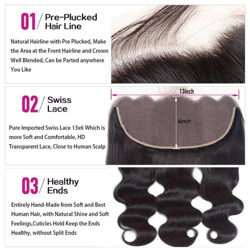 MSGEM 13x6 Lace Frontal Body Wave HD Transparent Frontal Ear to Ear 13x6 Lace Frontal Closure With Baby Hair Free Part 100% Virgin Human Hair Closure Natural Hairline 150% Density 18inch