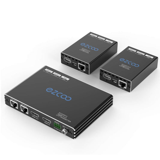 1x2 HDMI 2.0 Extender Splitter 4K 60Hz 4:4:4 HDR Over Cat5e/6/7 165ft/50m with 2 Loopouts - EDID 4K 7.1/ 4K 5.1/Copy Switch, 4K Down-Scaler 1080P, Bi-Directional IR PoE RS232, Cascade EXSP12