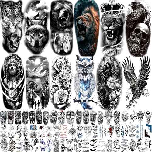 82 Sheets Temporary Tattoos Stickers, Fake Body Arm Chest Shoulder Tattoos for Men and Women, Halloween Temporary Tattoos Black Fake Skull Skeleton Tattoos for Halloween Cosplay