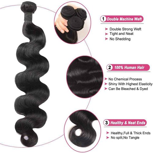 CHEEON Body Wave Bundles Human Hair 22 24 26 Inch Human Hair Bundles 12A Grade Unprocessed Brazilian Virgin Hair Extensions 3 Bundles Deal Natural Black