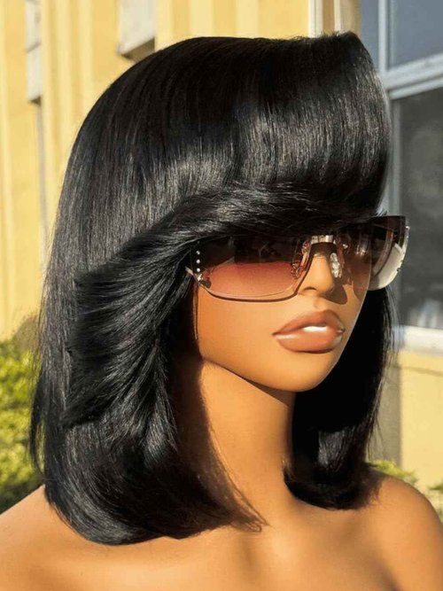 UNICE 12 inches Short Bob Wig human Hair with Blow Out Bangs 4X4 Lace Glueless Wigs Human Hair Pre Plucked Bleached Knots Pre Cut Lace Ready to Wear Wig