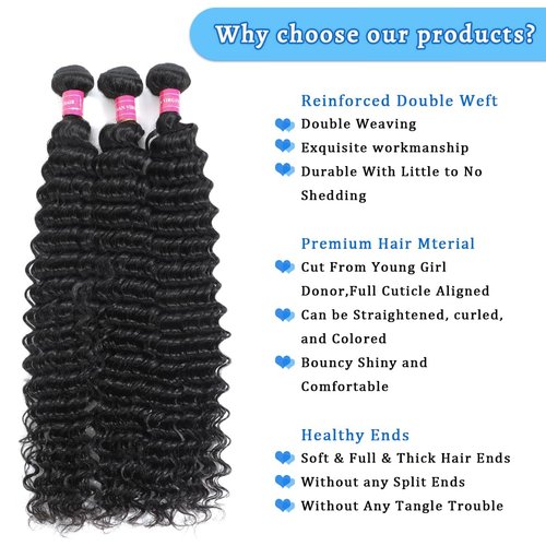 14A Deep Wave Bundles Human Hair 14 16 18 Inch, Full and Silky 100% Unprocessed Brazilian Virgin Human Hair Extensions Natural Black (Deep Wave Bundles, 14 16 18)