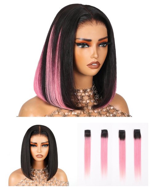 Arabella 12inch 6x6 Bob Wig Human Hair and 4 Pcs 1B/Pink Clip in Hair Extensions Ready to Go Glueless Wig Real 210% Density Straight Glueless Bob Wigs Human Hair Pre Cut Lace Pre Bleached Tiny Knots