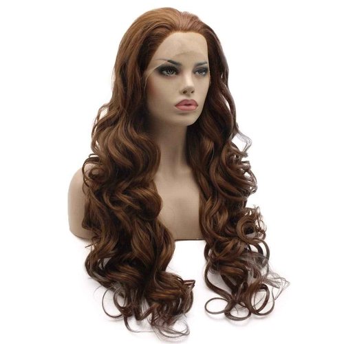 Lushy Wavy Long 26inch Three Tone Auburn Brown Blonde Mix Wig Heat Resistant Synthetic Lace Front Realistic Heat Friendly Wig