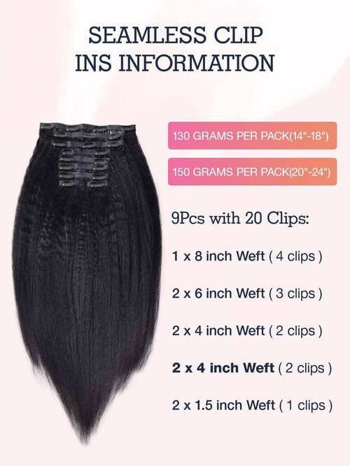 Flooyeer Seamless Clip in Hair Extensions Human Hair, Ultra-thin PU Weft, Kinky Straight 18 inch 130g 9pcs, 1B Natural Black, Clip in Hair Extensions, Clip ins Real Human Hair Black Women