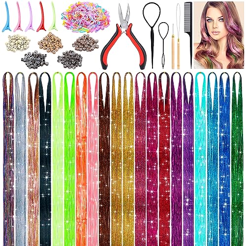 6000 Strands Hair Tinsel Kit in 20 Colors, Glitter Tinsel Hair Extensions Kit Heat-resistant, Fairy Hair Tinsel Tool for Shiny Hair Extension, Women Girls Hair Accessories at Party