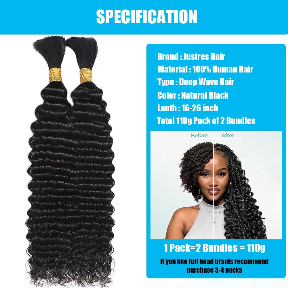 Human Braiding Hair Boho Braids Human Hair 110g 24 Inch Deep Water Wave Bulk Human Hair for Braiding No Weft Bundle 12A Brazilian Virgin Curly Hair Extensions Wet and Wavy Human Braiding Hair