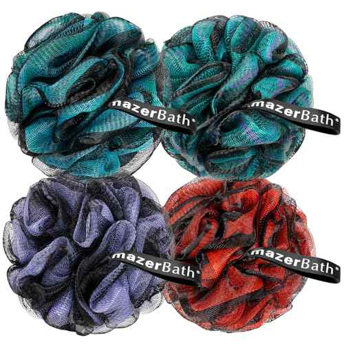 AmazerBath Charcoal Loofah Sponge, Shower Loofah 60g/PCS - Body Scrubber Loofa Set of 4 - Charcoal Blue, Green, Purple & Red, Bath Sponge for Men and Women