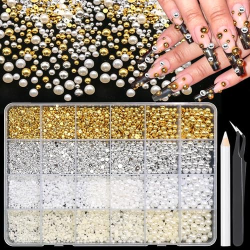 RODAKY Gold&Silver Nail Charms and Beads Gems 2-6mm Half Round Flatback Nail Pearls Beads for Nails,Flatback Rhinestones Jewels for Junk Case Kit Crafting Face Hair Manicure DIY