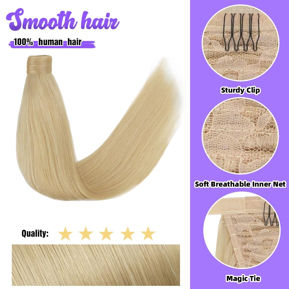 20 Inch Human Hair Ponytail 90g Long Wrap Around Ponytail Bleach Blonde Real Hair Ponytail Extension for Women(20inch,Bleach Blonde)