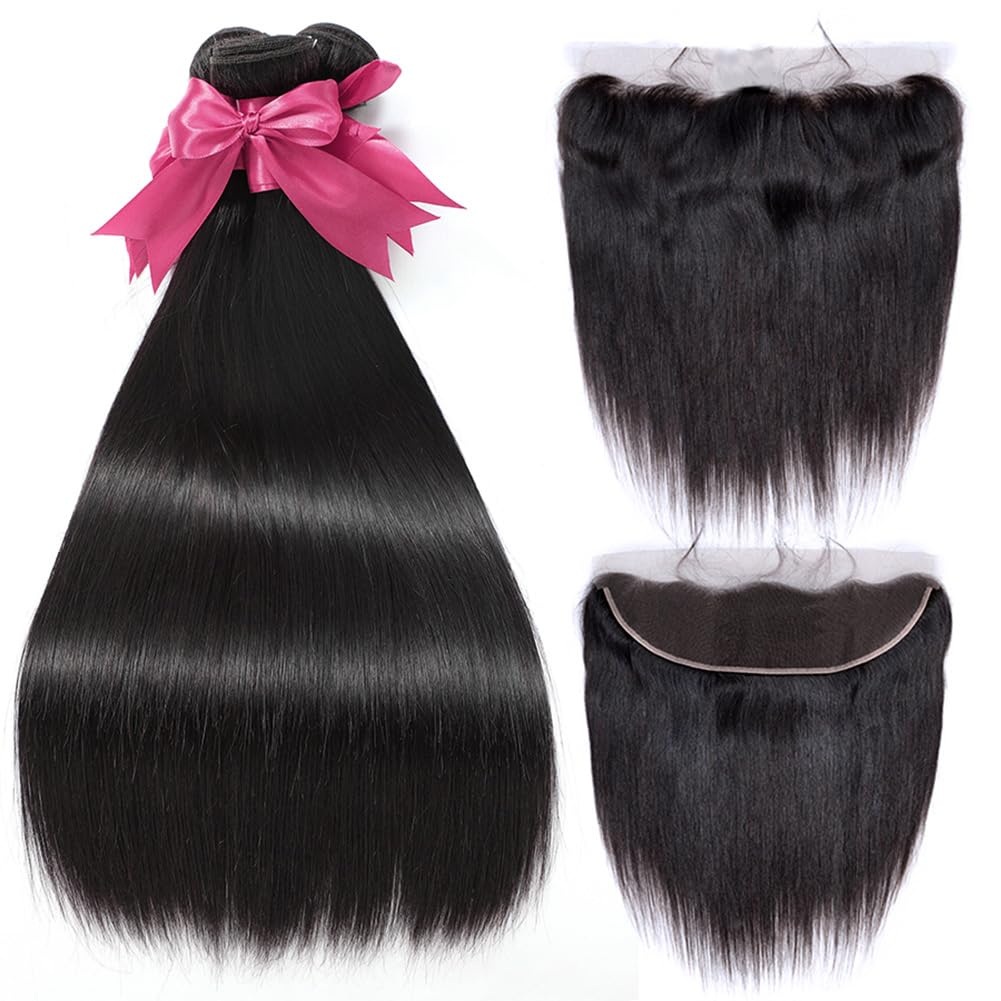 12A Straight Bundles with Frontal Human Hair 20 22 24 with 18 Inch Brazilian Human Hair Bundles with Closure 100% Unprocessed Virgin Hair Weave Bundles with 13x4 HD Lace Frontal