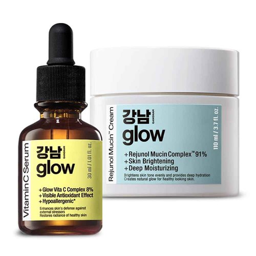 GANGNAM GLOW Rejunol Mucin Facial Cream 3.7 fl oz + Vitamin C Serum 1.01 fl oz - Korean Skin Care Set I Snail Mucin & Vitamin E & Hyaluronic Acid Serum for Face I Self Care Items for Women