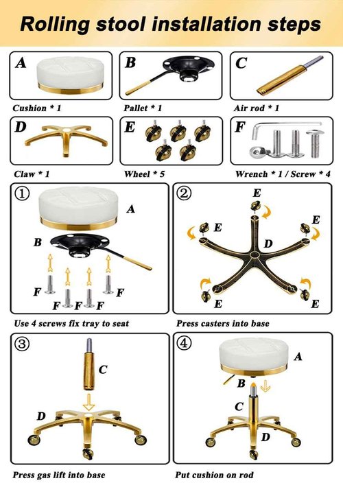 XCRFKGW Gold Rolling Vanity Stool with Wheels, Salon Spa Tattoo Massage Pedicure Chair, PU Leather Roller Chair, 43-55cm Height Adjustable Office Work Swivel Stool (White, Without Back)