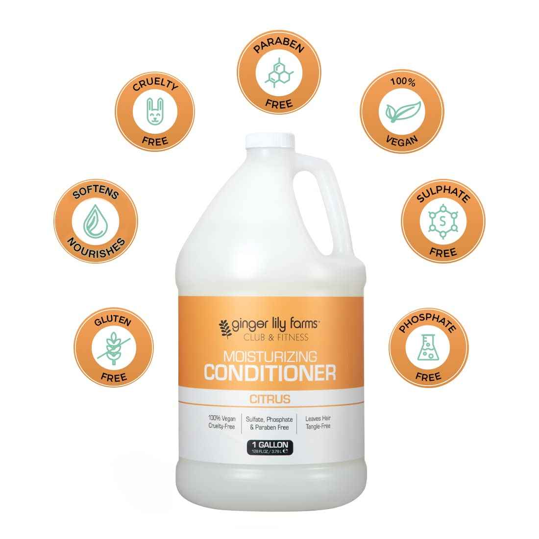 Ginger Lily Farms Club & Fitness Citrus Moisturizing Conditioner, 100% Vegan, Paraben, Sulfate, Phosphate, Gluten & Cruelty-Free, 1 Gallon (Pack of 4 )