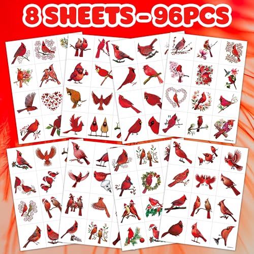 96 PCS Red Cardinal Bird Pre-cut Temporary Tattoos Stickers Spring Flower Themed Party Supplies Birthday Decorations Favors Cute Fake Tattoo Gifts for Kids Girls Boys Decor School Reward Christmas