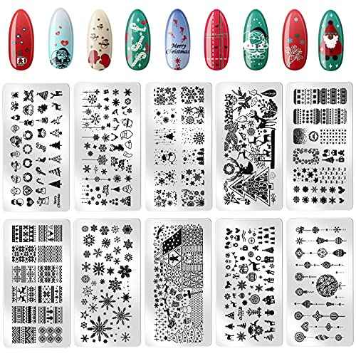 Maitys 10 Pieces Christmas Nail Stamping Plate Nail Stamp Kits Santa Reindeer Snowflake Tree Bell Winter Image Nail Template for Women Christmas DIY Nail Stencils