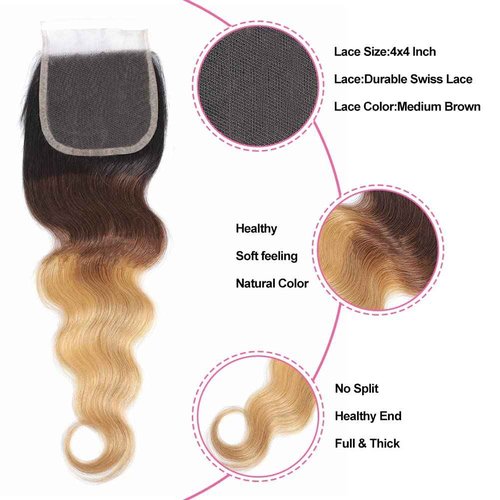 Shining Girl 12A Ombre Body Wave Bundles With Closure Brazilian Virgin Remy 100% Human Hair Ombre 3 Tone T1B/4/27 Color Human Hair Extensions 3 Bundles with 4x4 Lace Closure (16 18 20+14, 1B#/4#/27#)