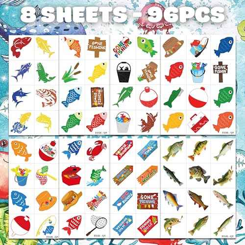 96 PCS Gone Fishing Fish Pre-Cut Temporary Tattoos for Kids Birthday Theme Party Supplies Decorations Favors Decor Cute Little Nautical Fisherman Tattoo Stickers Gifts for School Prizes Boys Girls
