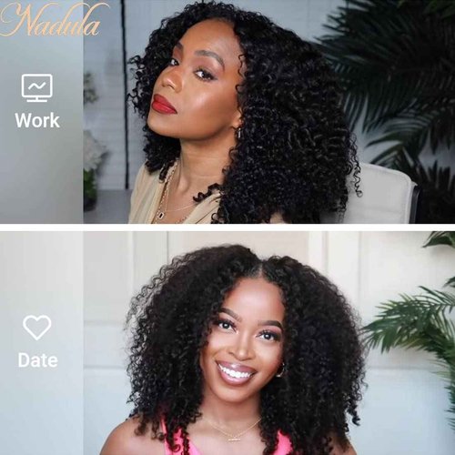 Nadula V Part Wig Kinky Curly Human Hair No Leave Out Glueless Upgraded U Part Wigs for Women,10A Malaysian Afro Curly V-part Wigs V Shape Clip in Half Wig Beginner Friendly 150% Density 16inch